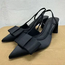 2026 Black Pointed Bow Women's Elegant High Heels Shoes Luxury Designer Big Size Autumn Office Slingbacks Fashion Ladies Pumps