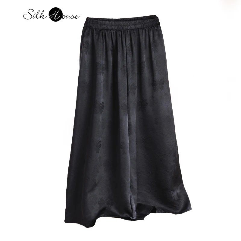 

Plus Size 2026 Women's Fashion Spring New 92%Natural Mulberry Silk SangBo Satin Elastic Waist Double Pocket Black Wide Leg Pants