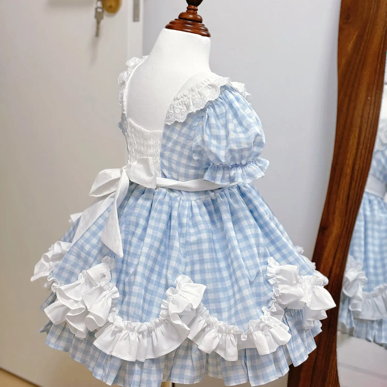 Summer Girls Korea Birthday Lace Blue Cute Plaid Wedding Ball Gown Bow Party Dress Princess Floral Baby Children Lolita Skirts