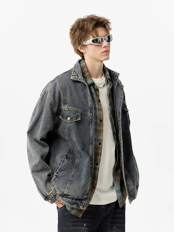 

Винтажная темно-синяя джинсовая куртка Waed для мужчин, свободного кроя, с длинными рукавами, воротником-стойкой, в стиле хип-хоп, повседневная верхняя одежда, молодежная мода