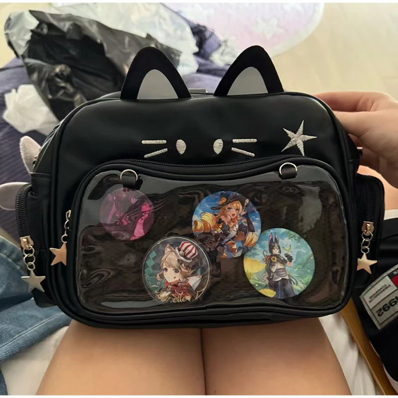 Umhängetasche, Katzenförmige Ita-Tasche mit transparentem Sichtfenster für Abzeichen, Pins und Puppen, leichte, niedliche Mode-Rucksäcke – Detail 6