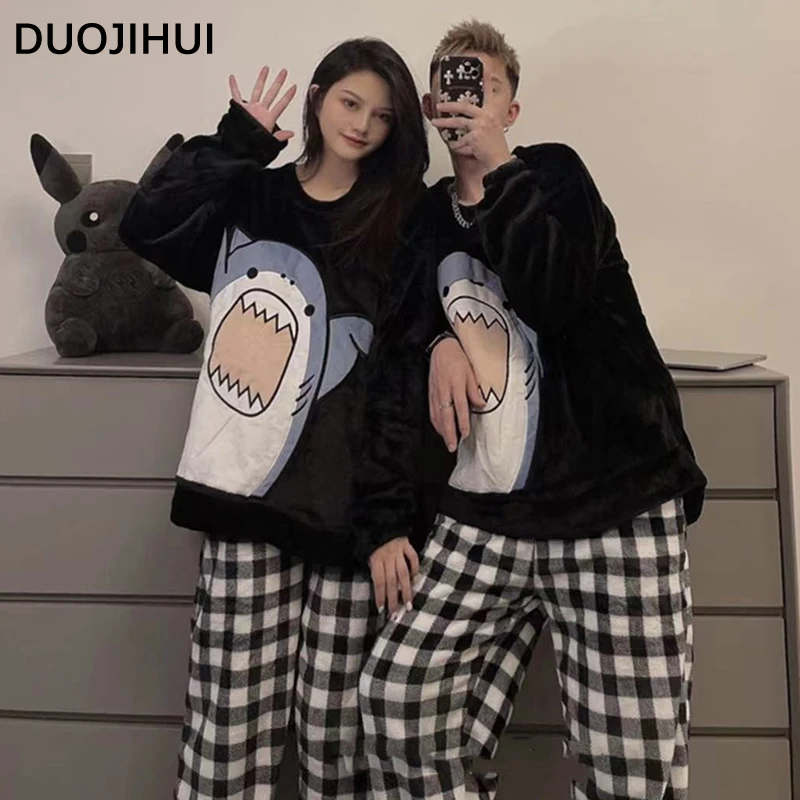 DUOJIHUI Ins Two Piece Basic Flannel Pajamas for Women Korean Chic Print Pullover Simple Casual Plaid Fashion Female Pajamas Set