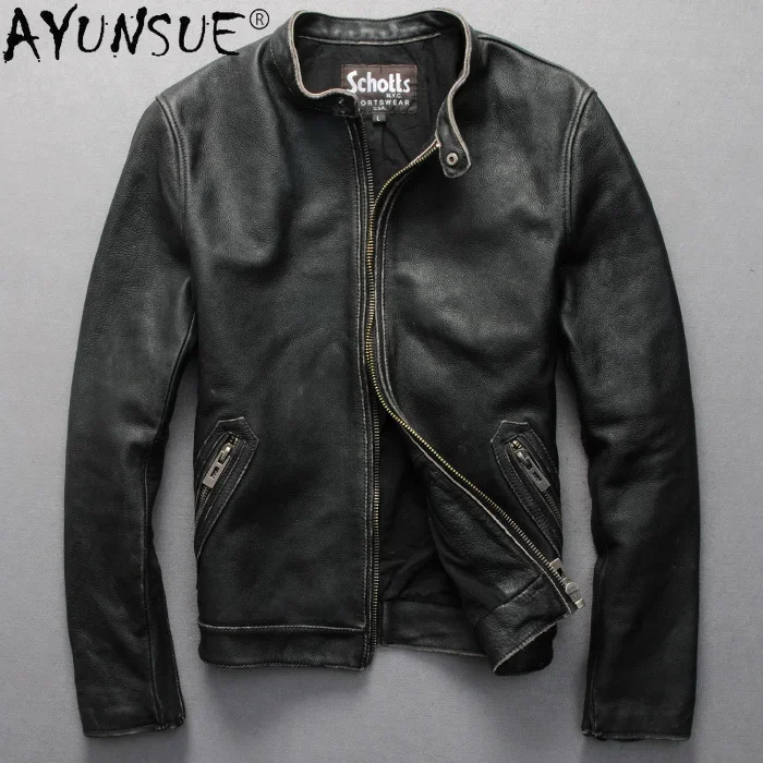 2021 Real Genuine Cow Leather Jacket Men Slim Vintage Short Vintage Men Sheepskin Coat Motorcycle Fashion Mens Clothes WPY3676