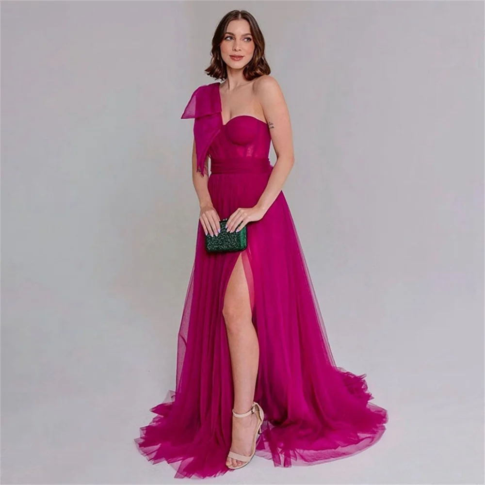 Sansa Wine Red Tulle One Shoulder Evening Dresses Floor-Length A-line Wedding Dress Side Split Prom vestidos de fiesta 2024