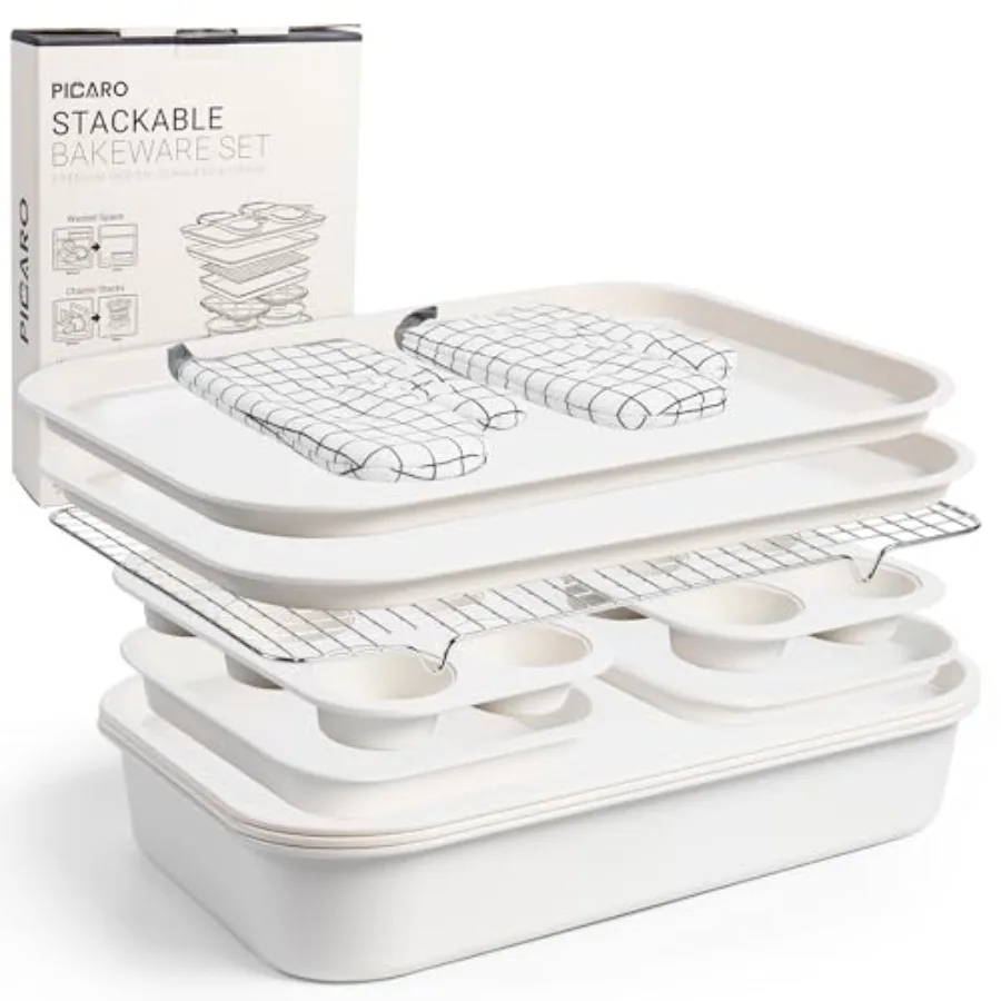 

13-Piece Carbon Steel Nonstick Bakeware Set Stackable Space-Saving Pans: Cookie Sheets 12-Cup Muffin Cake Pans Roasting Pan PTF