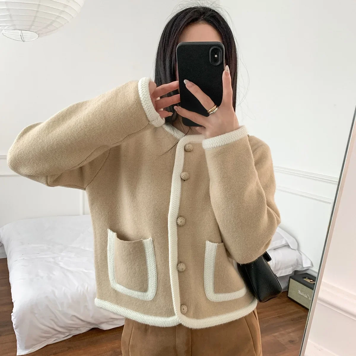 French contrasting knitted trim short jacket single-breasted casual top temperament small fragrant jacket women