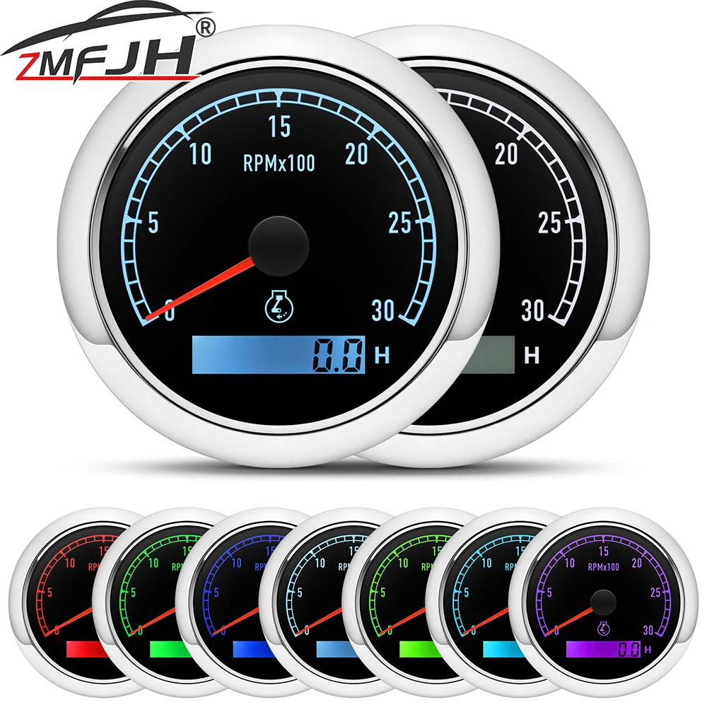 

Тахометр с 7-цветной подсветкой, 3000/4000/6000/7000/8000 об/мин, с ЖК-дисплеем и счетчиком моточасов, универсальный для лодок, автомобилей, грузовиков, 12В/24В