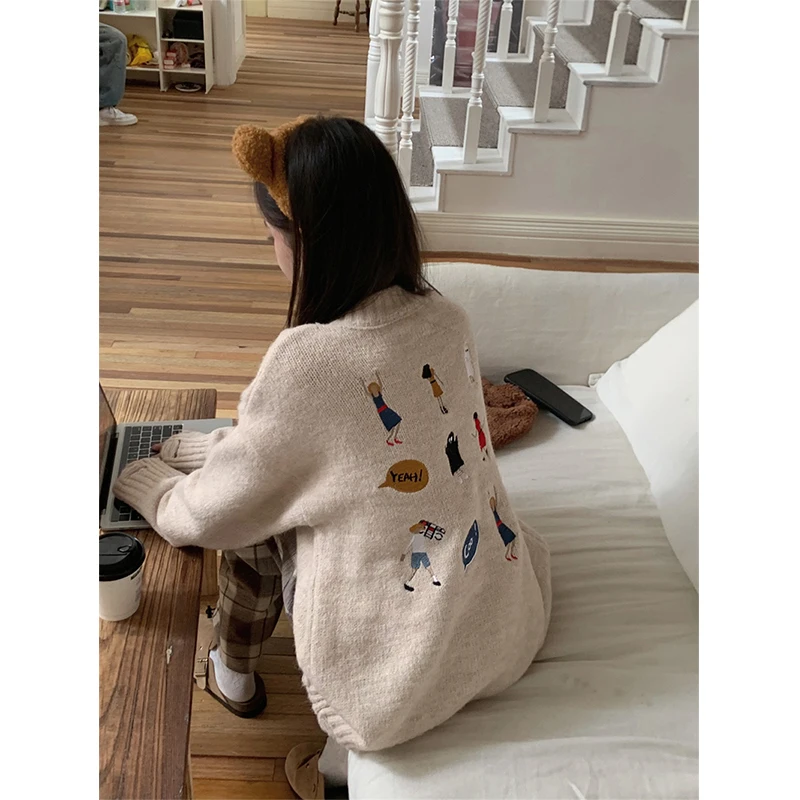 Streetwear Oversized Sweater Women Cartoon Embroidery Knitted Pullovers Sweet Harajuku Loose Knitwear Korean Casual Jumper Tops