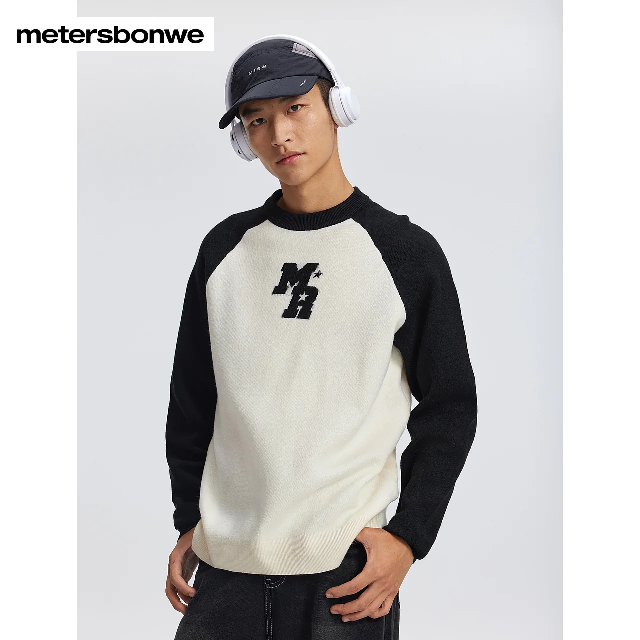 

Metersbonwe-Men's Round Collar Color Clash Sweater Jacquard Pattern Loose Trend Pullover Preppy Campus Casual Winter