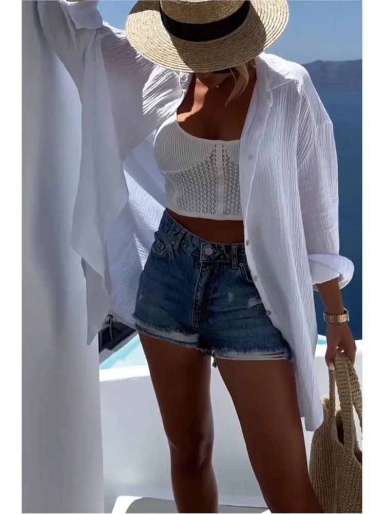 Casual Loose Cotton And Linen Shirt Women Fashion Sequin Pattern Top 2025 Spring Summer Holiday Beach Blouse And Tops Female