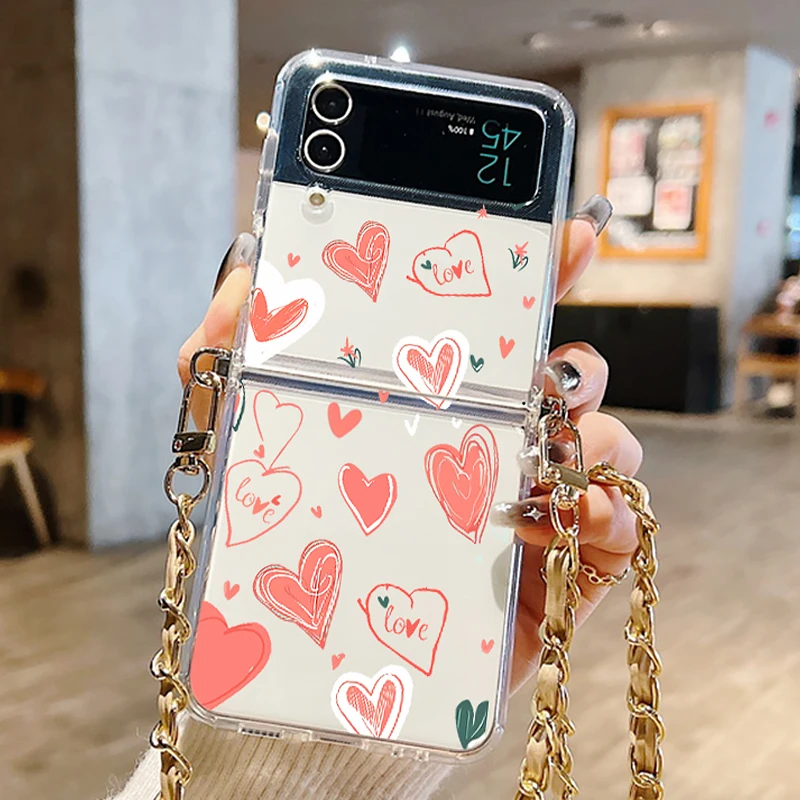 

Pink Heart Pattern Clear Lanyard Soft Phone Case For Samsung Galaxy Z Flip 5 4 5G Flip5 Flip4 Shockproof Crossbody Rope Cover