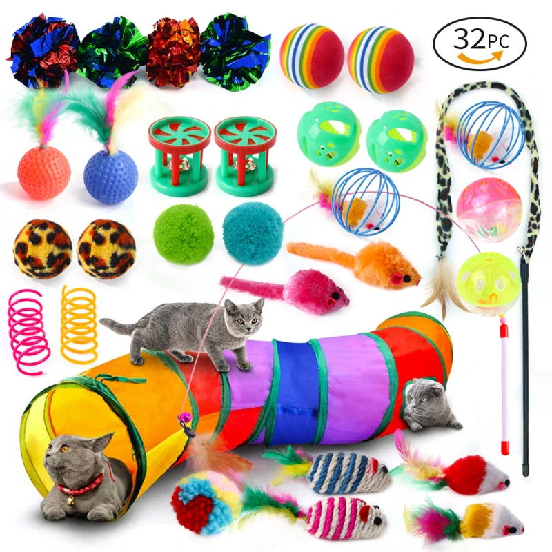 

32PCs Rainbow cat toys interactive catnip spring bell ball pet products cat tunnel ring paper plush mouse training kitten toys