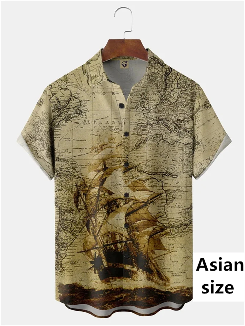 Men's Short Sleeve Shirt Vintage Nautical Adventure 3D Printing Summer Fashion Beach Daily Wear Retro Harajuku Camisas De Hombre