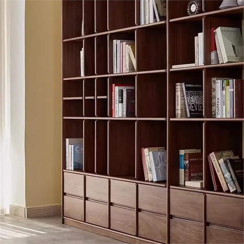 Simple, North American black walnut floor-to-ceiling bookshelf, Nordic solid wood whole-wall bookcase, living room storage dis