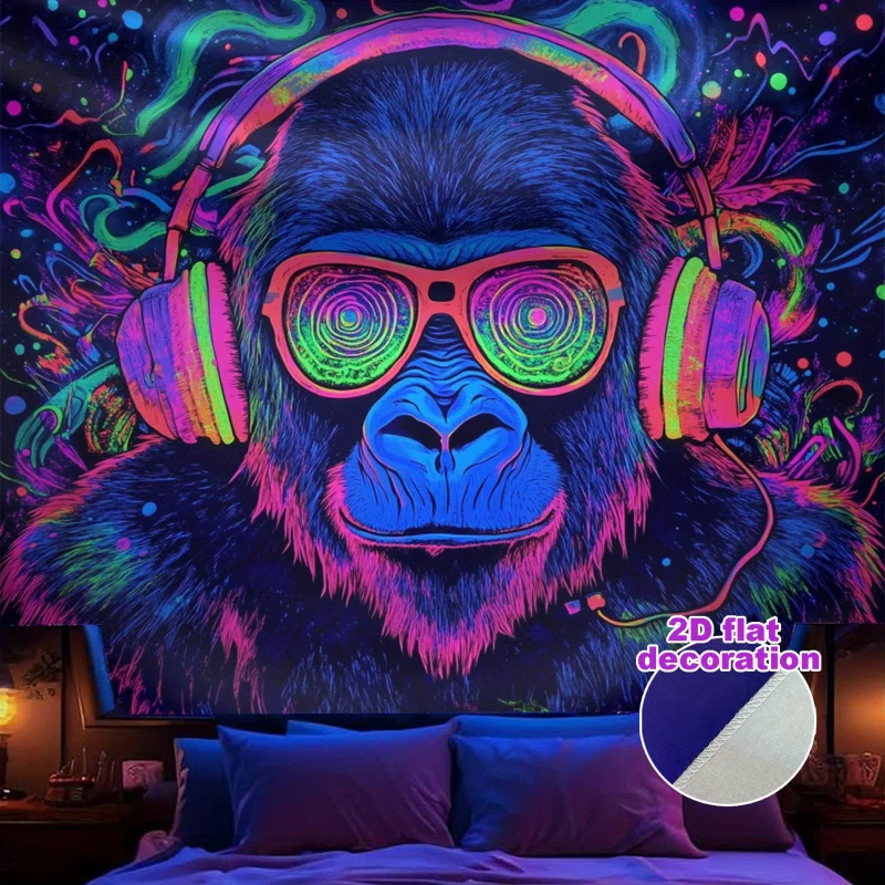 Trendy Gorilla Wearing Headphones Tapestry, Personalized Fabric Wall Tapestry For Bedroom And Living Room Decoration