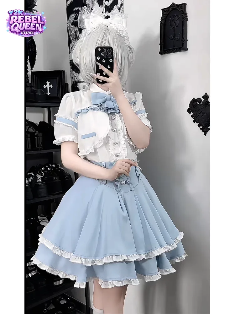 Sweet Coquette Japanese Lolita Dress Set Women Blue White Bow Lace Ruffle Puff Sleeve Mini Skirt Slim Fit Dress Elegant Outfit