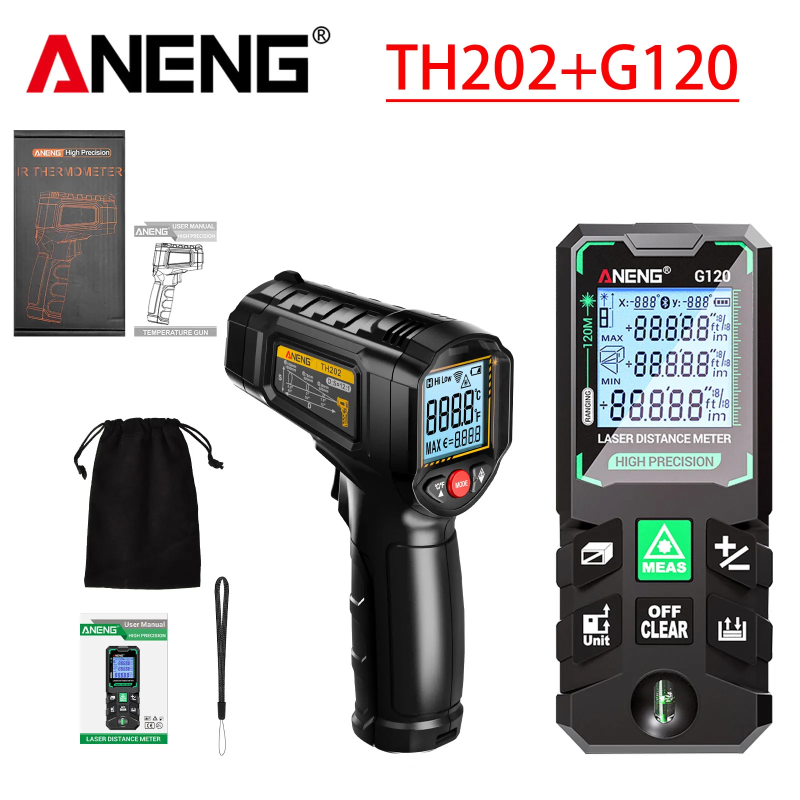 ANENG TH202 Thermometer Paired with G120 Laser Rangefinder ℃℉ Dual Display 30 Sets of Data Storage Construction Measurement Set