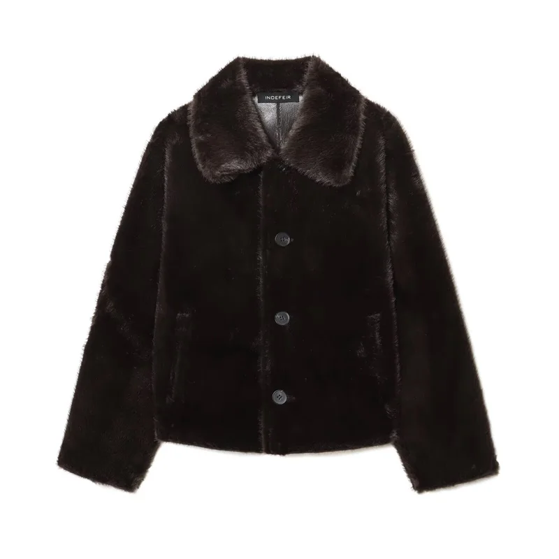 سترة نسائية 2025 خريف/شتاء وصل حديثًا سترة بني داكن بأكمام طويلة من الجلد الصناعي قابلة للعكس أنيقة وفريدة من نوعها #3