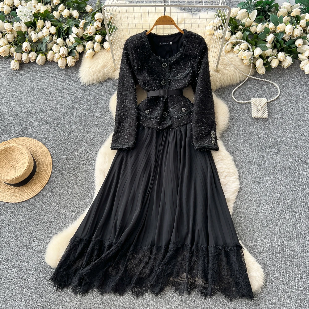 

Vintage Elegant O-Neck Spliced Long Sleeve Single Breasted A-line Dress French Women Fashion Autumn Spring Dresses