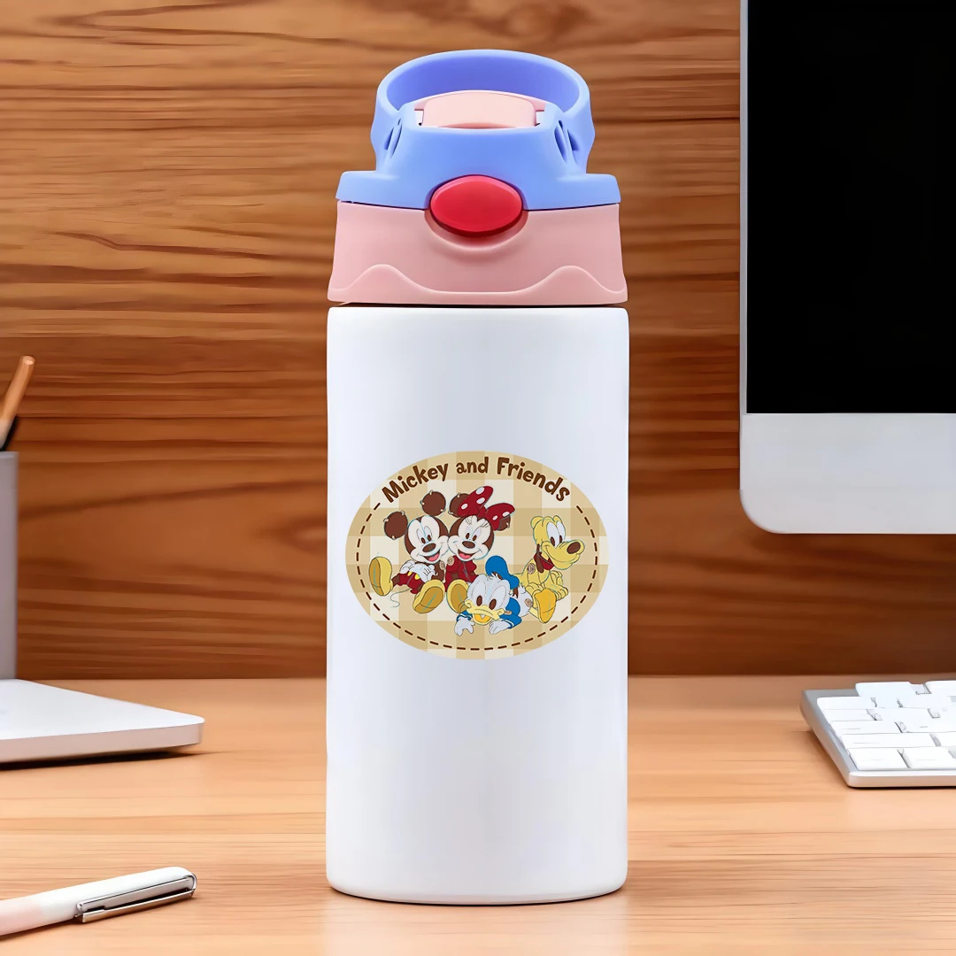 

Disney vacuum cup with classic cartoon badges Mickey Minnie Donald Duck Goofy 304 stainless steel cartoon straw cup childr