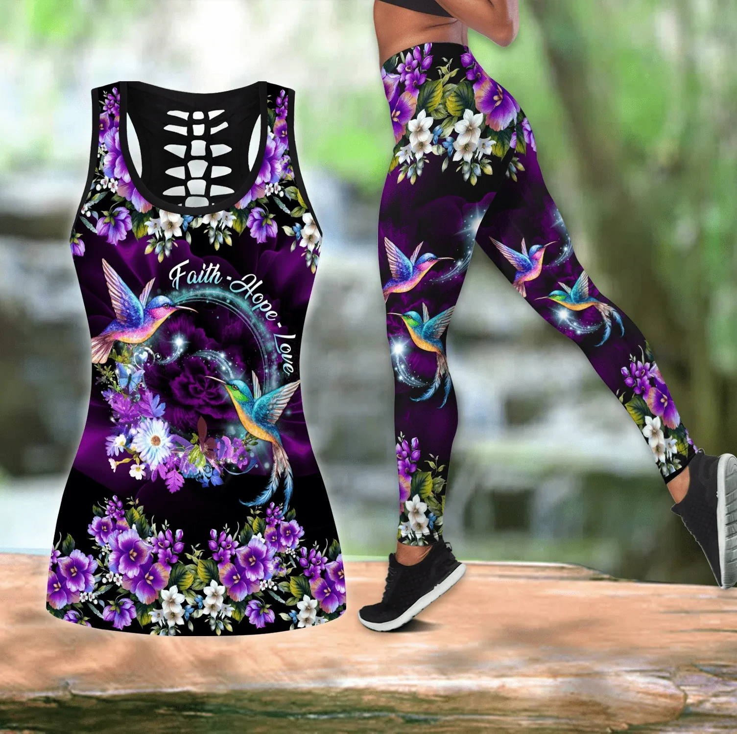 Hummingbirds Faith Hope Love 3D Printed Hollow Tank Top & Leggings Set Fitness Female Full Length Leggings Running Pants DDK99