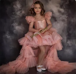 CustomizedGorgeous Pink High-Low Puffy Girls Birthday Dress Long Sleeves Princess Pageant Prom Dresses Wedding Flower Girl Dress