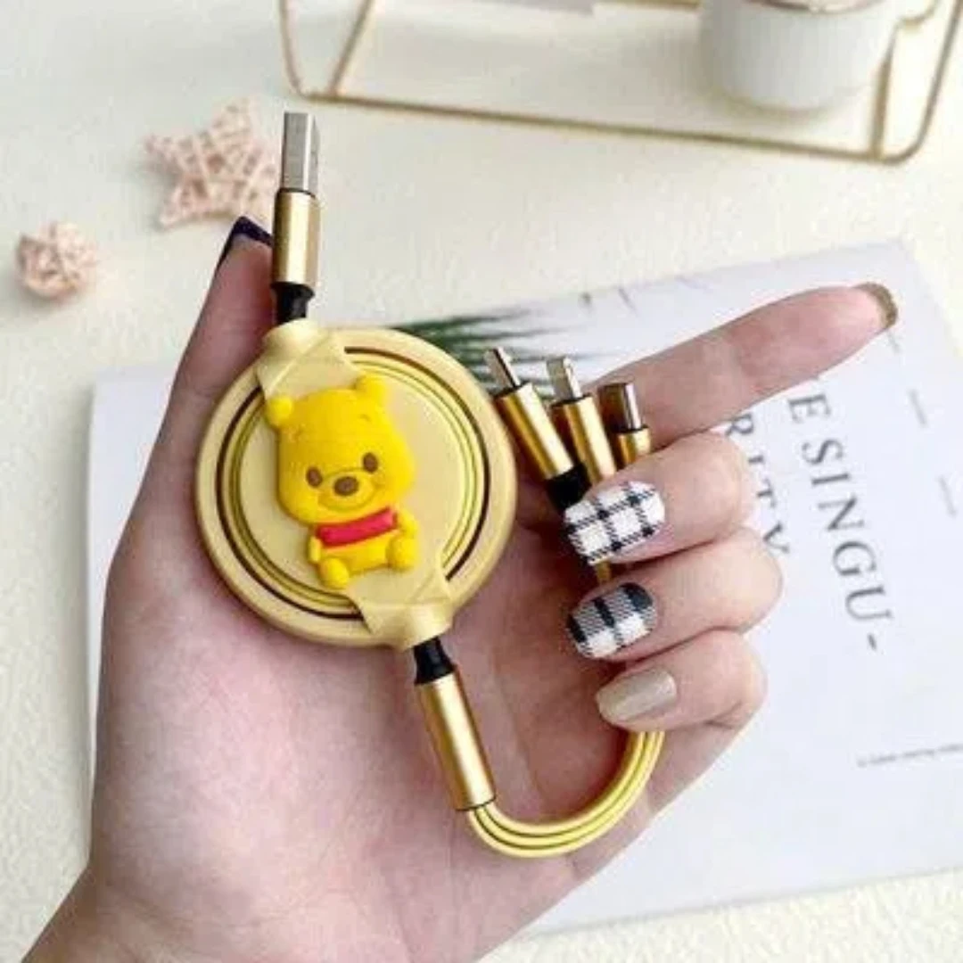 MINISO Cartoon Creativity Retractable 3 in 1 Fast cable Data Line for IPhone14 Xiaomi HUAWEI Multifunction USB Charging Cable