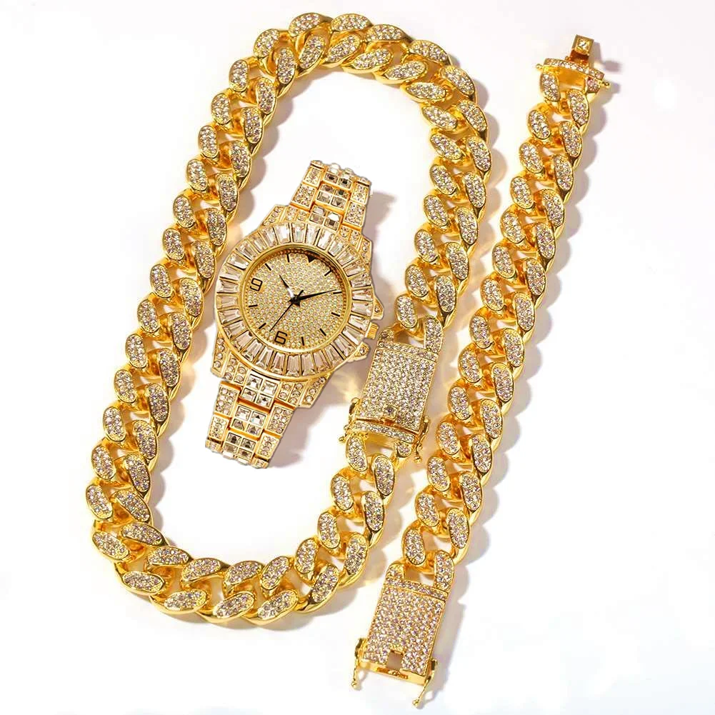 Iced Out Men Women Hip Hop Miami Cuban Chain Big Gold Chain Necklace Fashion Jewelry Set Paved Rhinestone Bling Watch