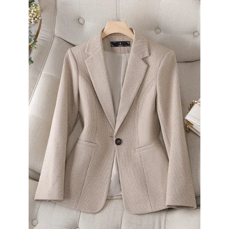 Blazer da donna scozzese grigio albicocca giacca formale da donna manica lunga con bottone singolo cappotto da lavoro femminile da lavoro