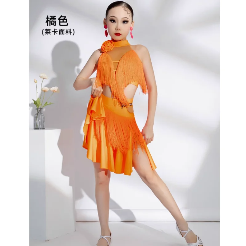 

Latin dance dress female professional training dress mesh girls ballroom dance irregular fringe skirt