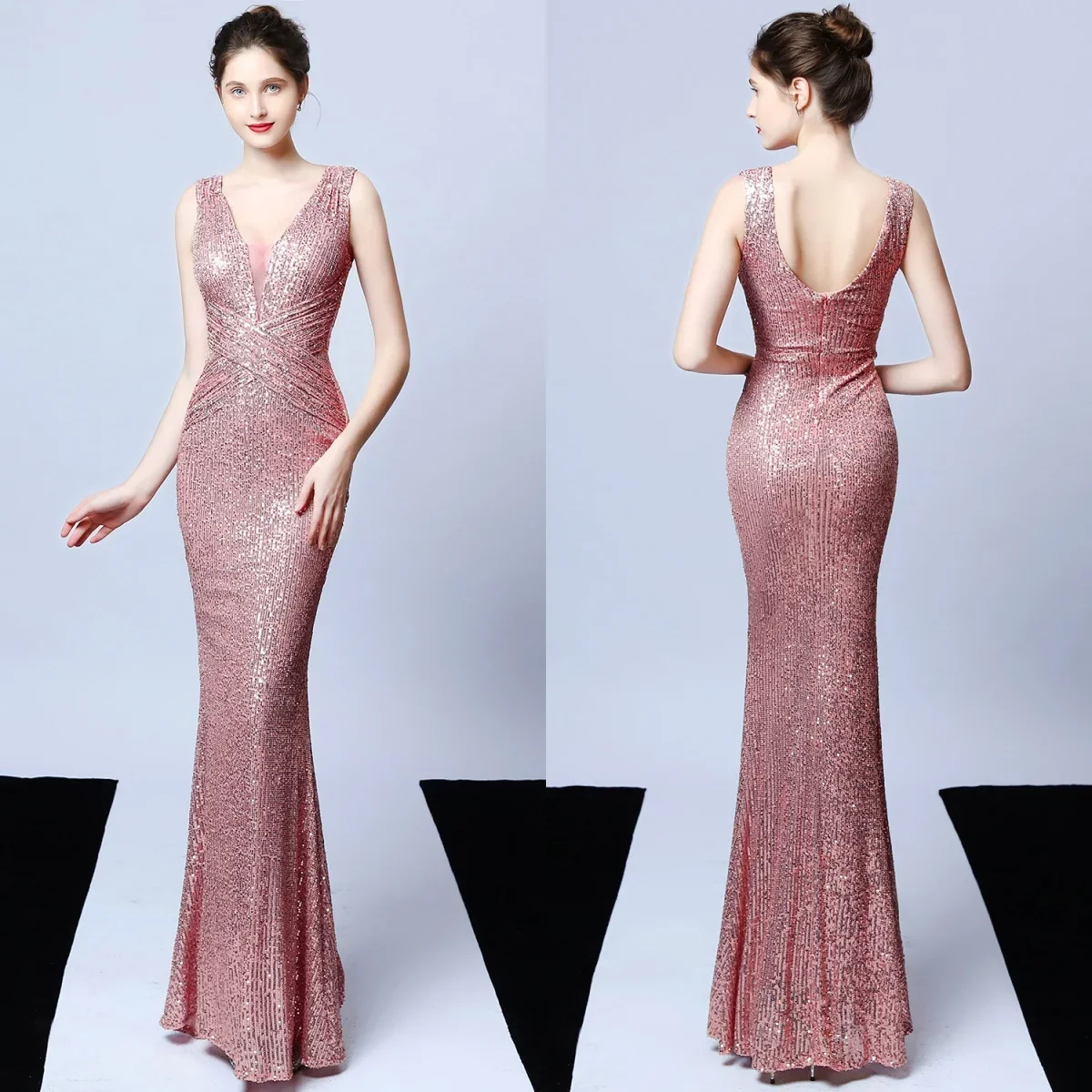 

Evening Dresses Dark Pink Sequins Stretchy V-neck Sleeveless Zipper Mermaid Trumpet Floor Length Women Party Formal Gowns YE040