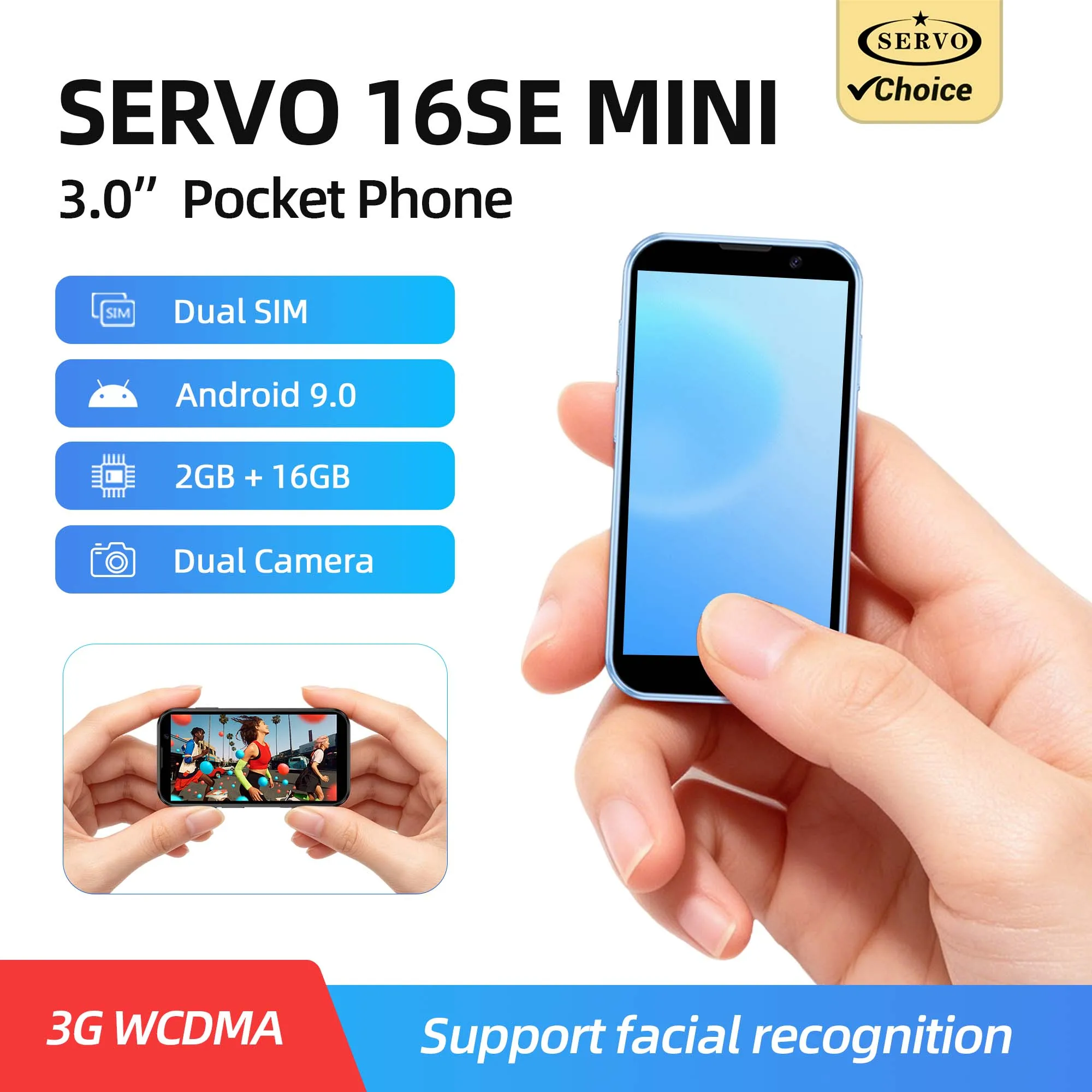 SERVO Ultra Mini Pocket Smartphone 3G Android 9.0 2GB+16GB Dual SIM Face Unlock WiFi GPS Video Player 3.0