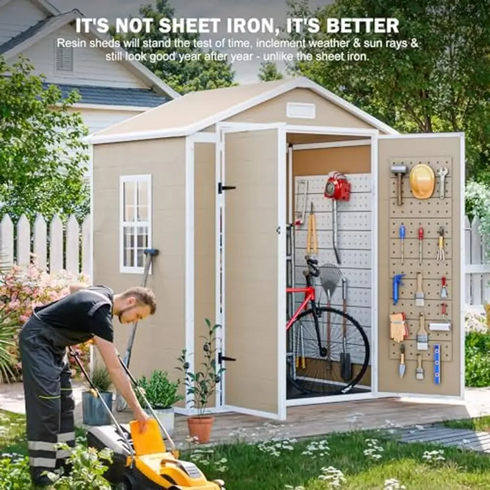 6x3 FT Outdoor Waterproof Storage Shed Resin Tool Bike Pet Shelter Garden Utility House Double Lockable Doors Vents Window