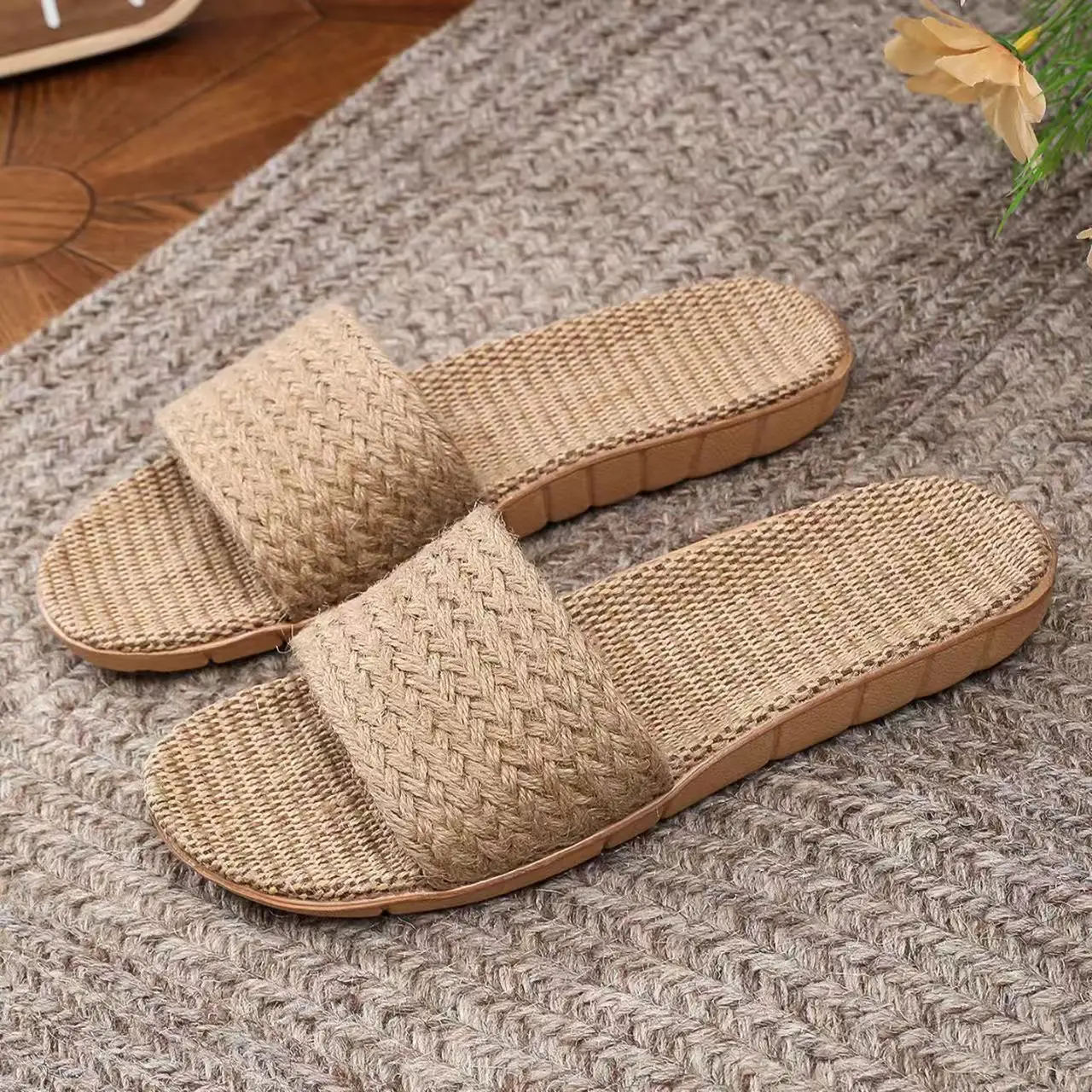 Men Summer New One Word Linen Slippers Lightweight Breathable Sweat Absorbing Lovers Home Slippers Floor Silent Slippers