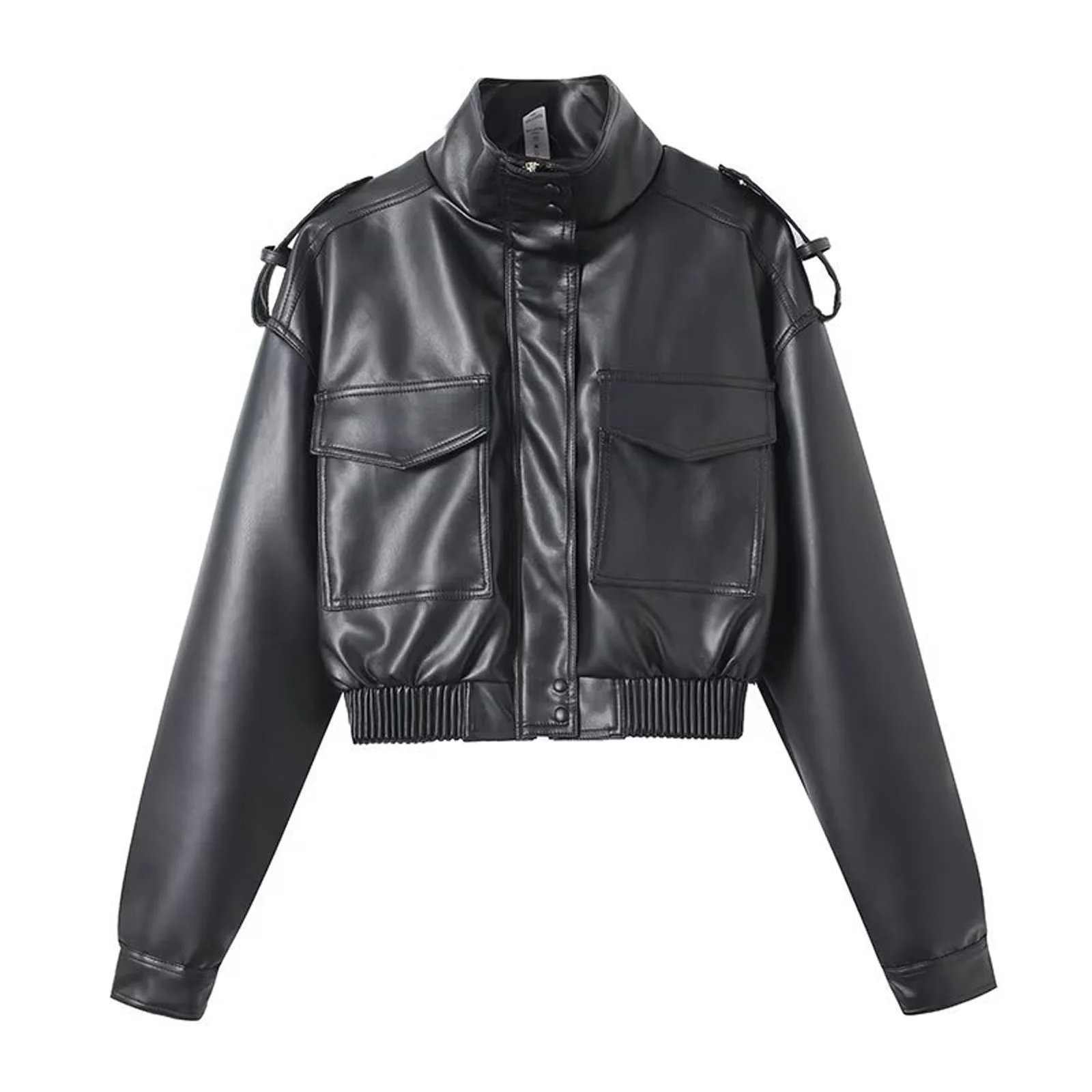 Jaqueta Bomber Feminina de Couro Sintético Cropped Vintage com Zíper Frontal, Gola Lapela e Múltiplos Bolsos – Casaco Quente de Inverno