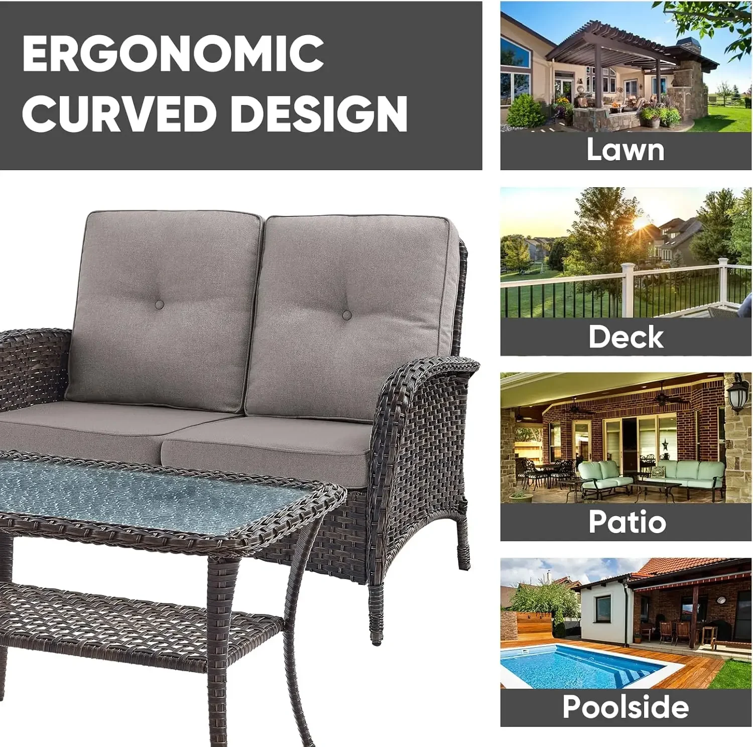 Sofá loveseat ao ar livre Sofá de vime PE de 2 lugares com mesa de centro, mobília de pátio com encosto alto e assento profundo (cinza)