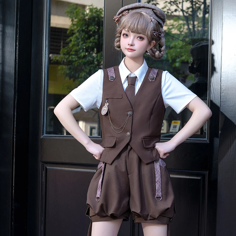 Original Japanese Cosplay Detective Lolita Shirt Vest Strap Pants Summer Campus Prince Three Piece Set