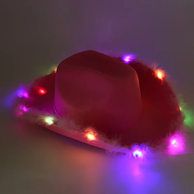 Fun Club Party Disco Pink Cowgirl Hat  Funny With Colorful LED Light Feather Trim Cowboy Hats Women Men Holiday Dress Up Gift