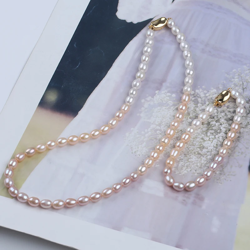 5-6mm White Pink Purple Rice Shape Freshwater Pearl 925 Sliver Plated 18K Gold Chain 39cm Necklace+17cm Bracelet Jewelry Set