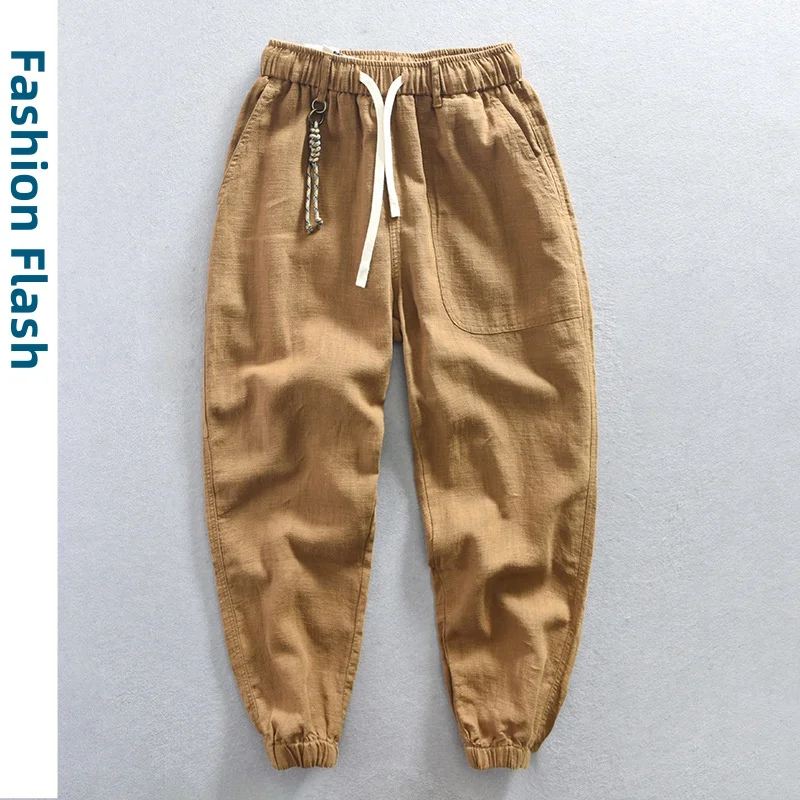 

70% Linen Trousers For Men Casual Broeken Khaki Black White Cotton Summer Loose Jogger Jogging Work Track Mens Pants Overalls