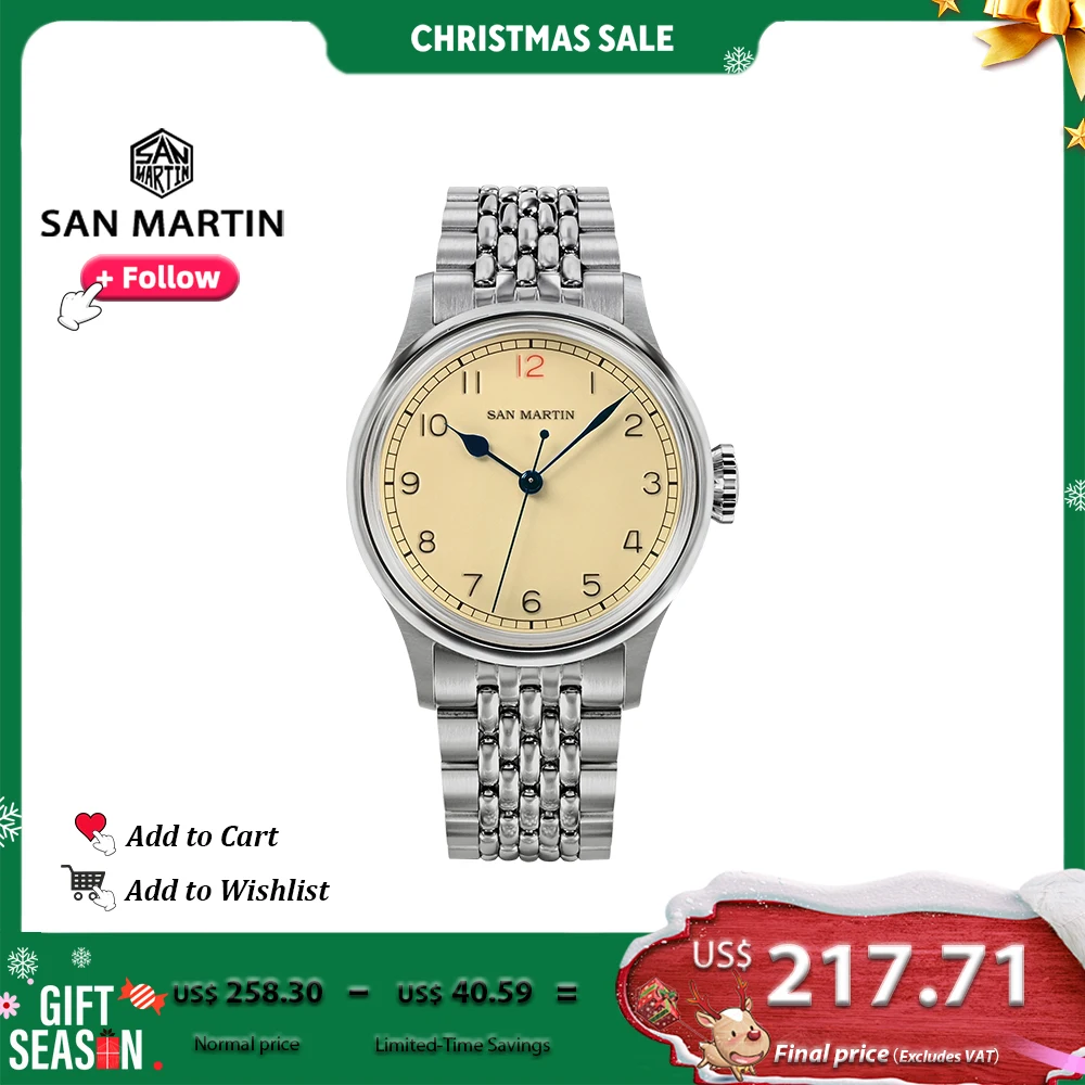 

San Martin 38.5mm Male Watch Vintage Pilot Stainless Steel NH35 Simple Automatic Mechanical Watch for Men Sapphire 10Bar SN0105