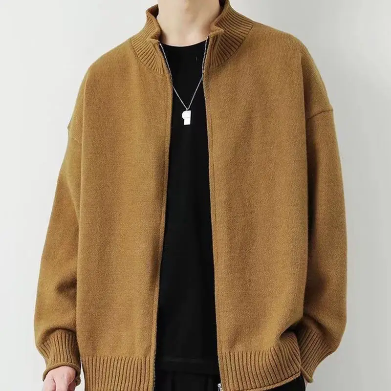 Stand Up Collar Knitted Japanese Cardigan Sweater Knitted Sweater Men's Solid Color New Youth Loose Zipper Versatile Jacket