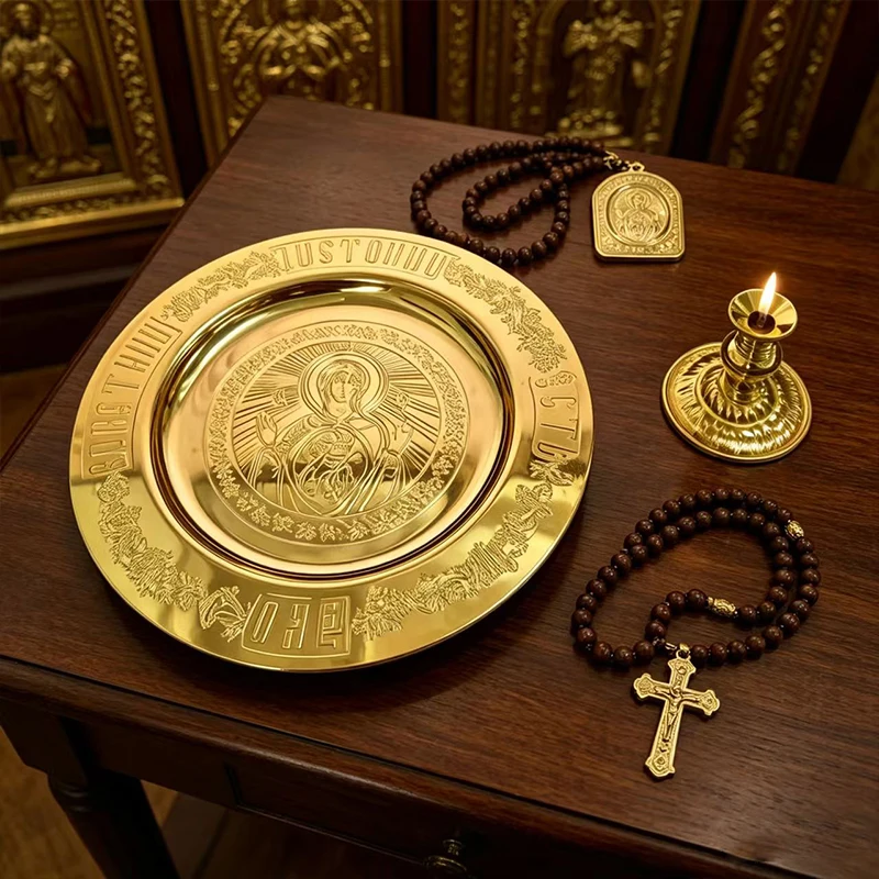 

Orthodox Church Brass Liturgical Plate Candlestick Set Gold Plated Engraved Virgin Mary Icon Religious Tray Christian Church Sup