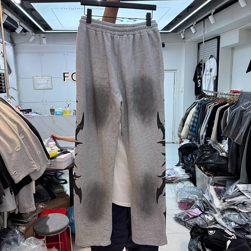Stain Lost Shdws Hole Damaged Pants Flame Print Sweatpants Men Women Black Gray Terry Washed Drawstring Trackpant Loose Trousers