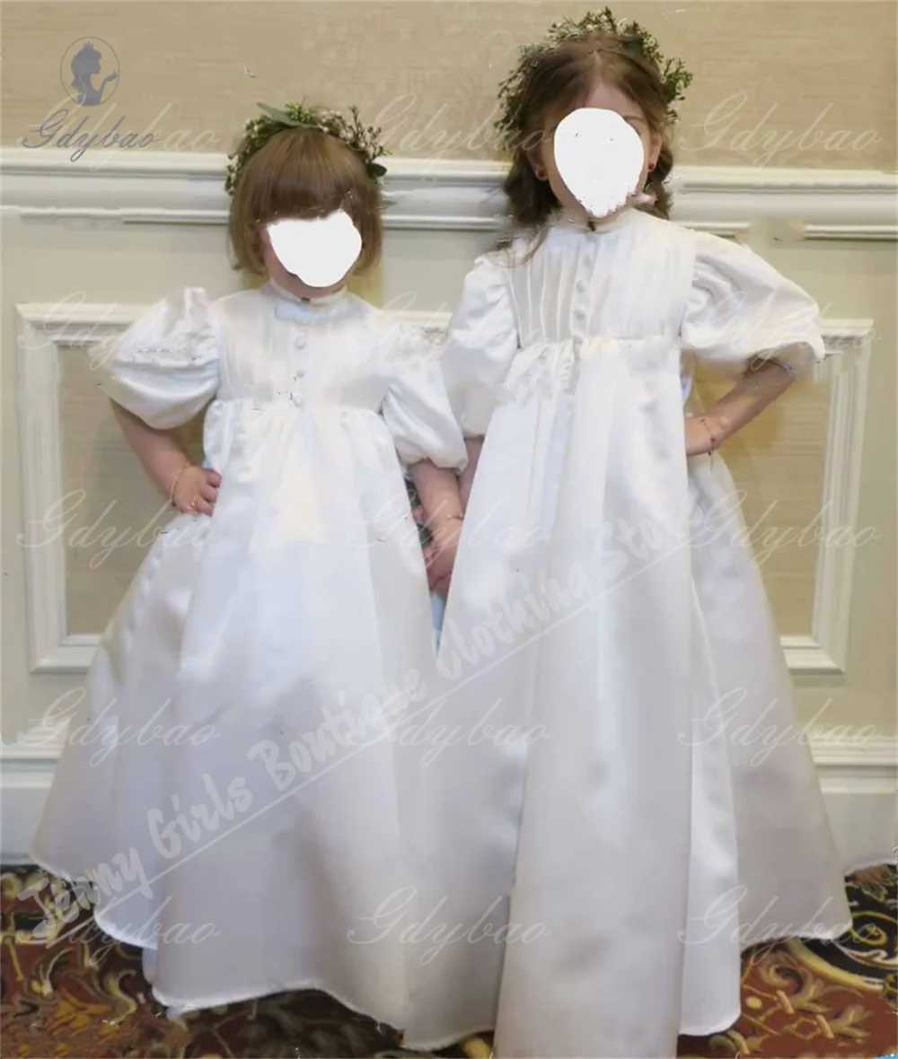 Robes de demoiselle d'honneur en satin blanc pour enfants, robe plissée pour mariage, princesse, tout-petit, reconstitution historique, bouffante, convocation, manches ballon