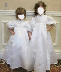 White Satin Balloon Sleeves Flower Girl Dresses Pleated for Wedding Princess Toddler Pageant Puffy Celebration Kids dress