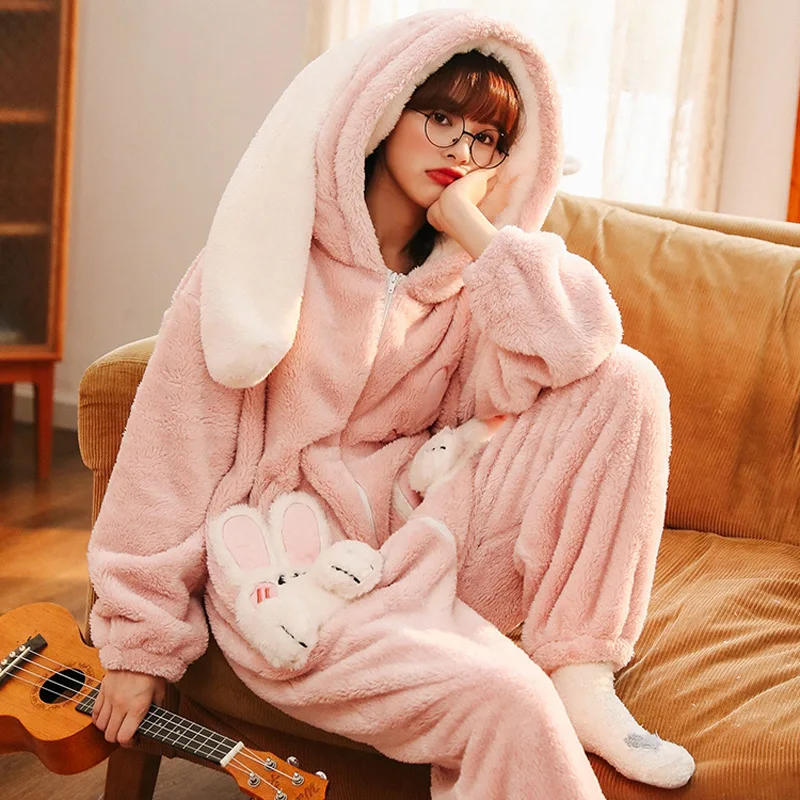 Three Colors Zipper Design Animal Cartoon Onesies Adult One-Piece Pajamas Warm Soft Sleepwear Thicken Nightgown