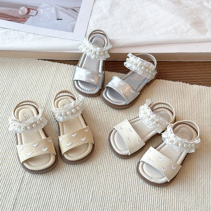 

Girls' sandals 2026 summer new pearl lace lace decoration children's princess shoes embroidered soft sole non slip children's sh