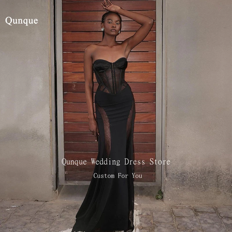 Qunque Sexy Illusion Prom Dresses Black Sweetheart Mermaid Vestidos Para Mujer Lace Up Back Soft Satin Party Gowns Customized