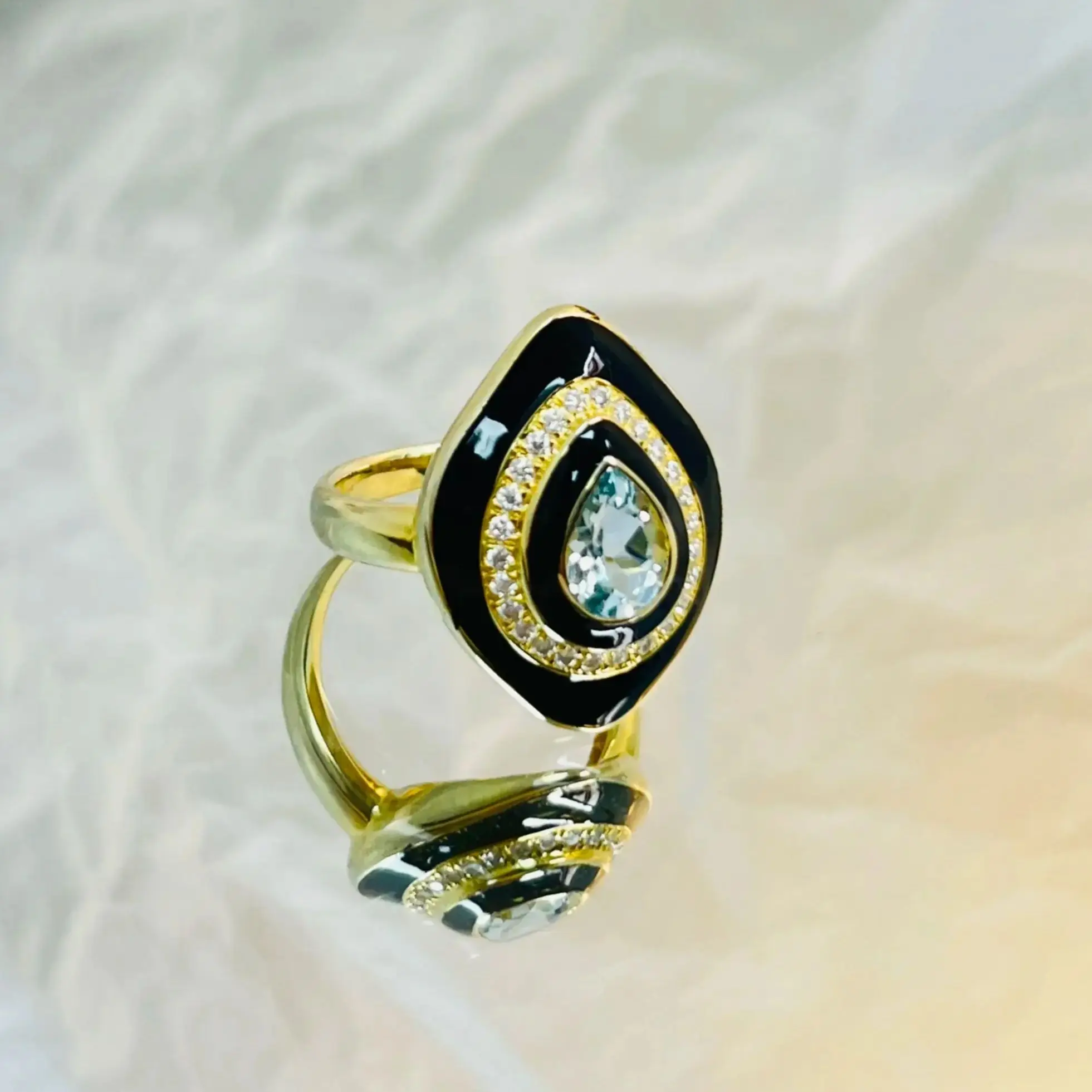 

S925 Silver Plate 14k Gold Blue Spar Enamels Process Ring Remake Ring